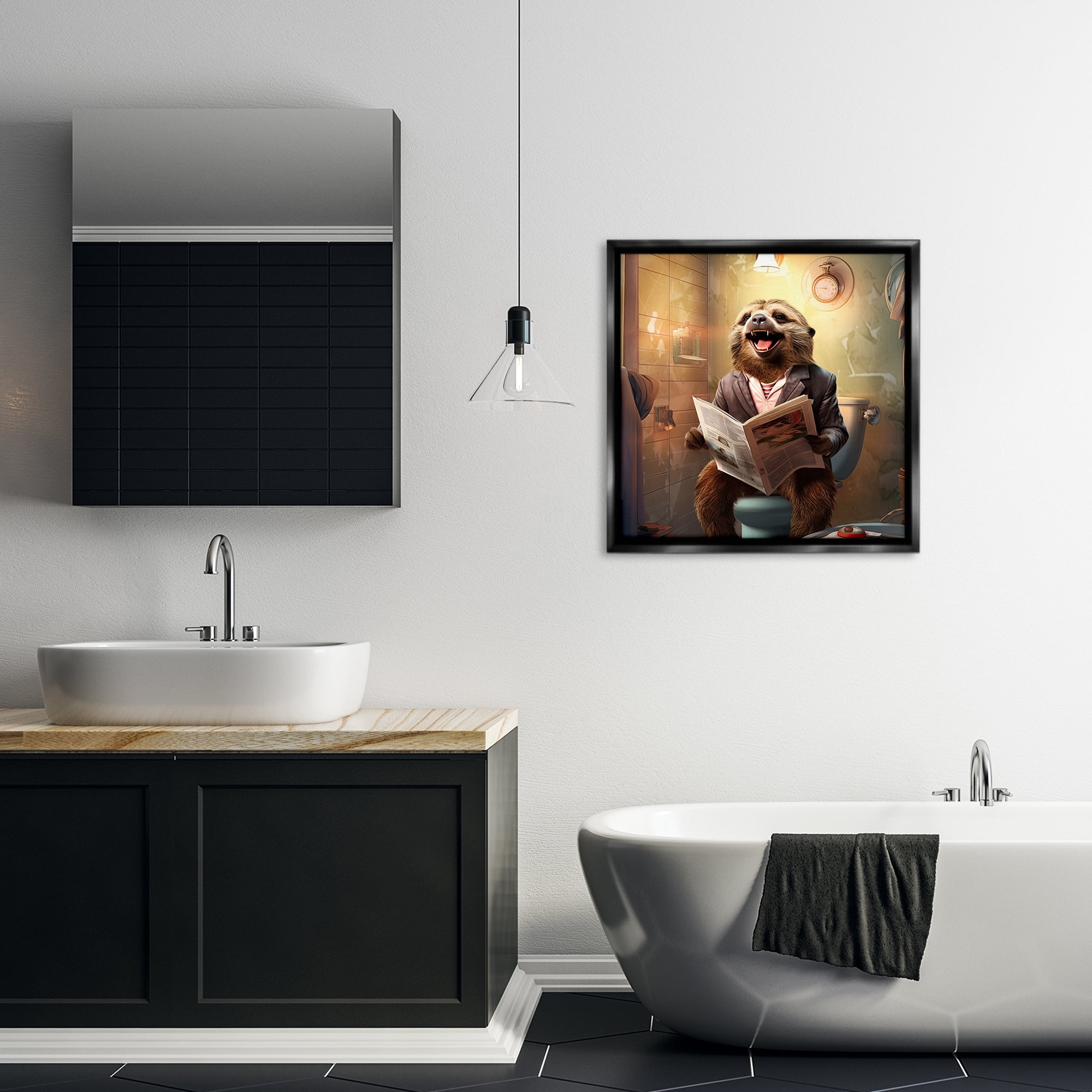 Stupell Industries Smiling Sloth on Toilet Typography Painting Black Floater Framed Canvas Art Print Wall Art, 25 x 25