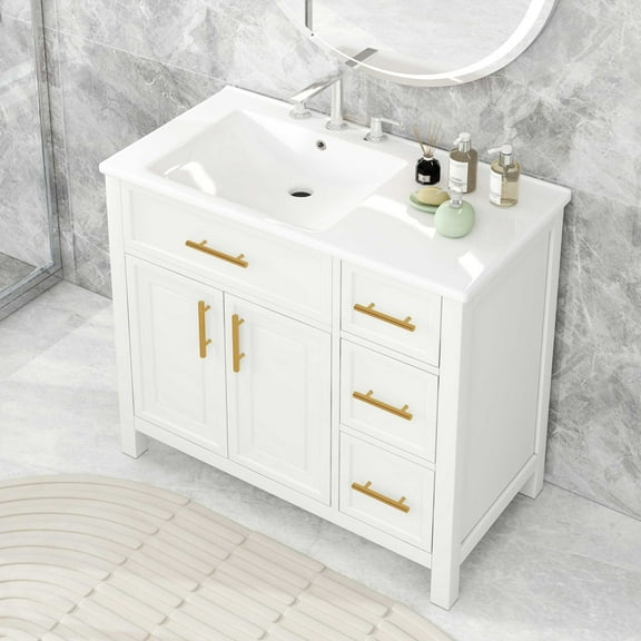 36" Bathroom Vanity with Ceramic Sink, Solid Wood Bathroom Vanity Cabinet with 2 Doors and 3 Drawers, Freestanding Vanity Cabinet with Metal Handle, White