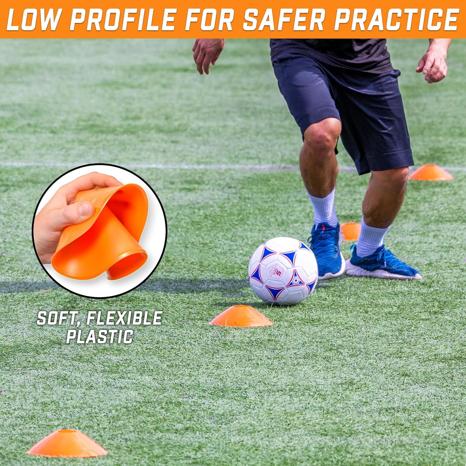 Premium Sports Cones for Agility Training and Drills - 20 Pack with Tote - Orange, Green, Pink, Yellow, or Red