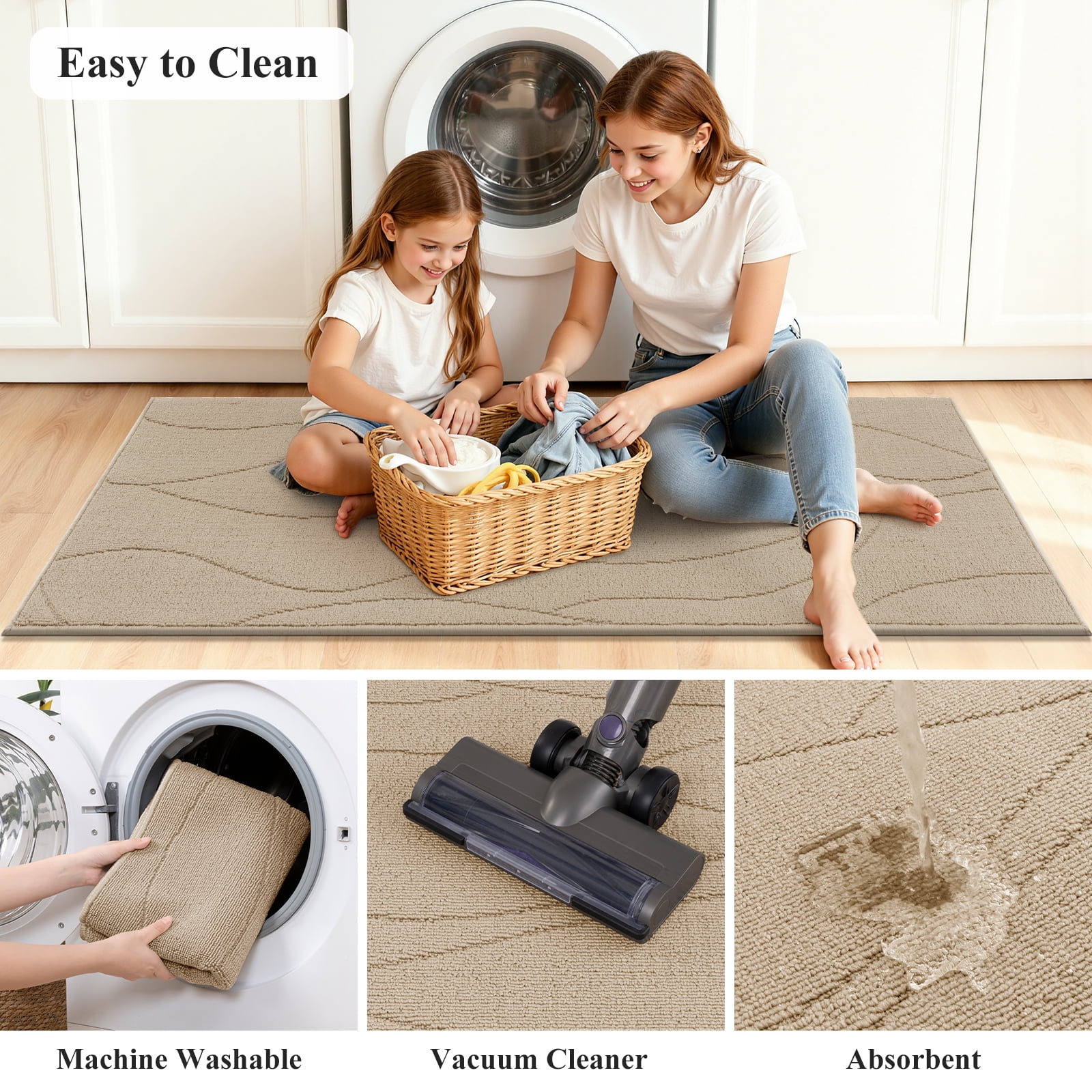 MeyJey Geometric Lines Kitchen Rugs Sets of 3, Non Slip Washable Kitchen Mats for Floor, Beige