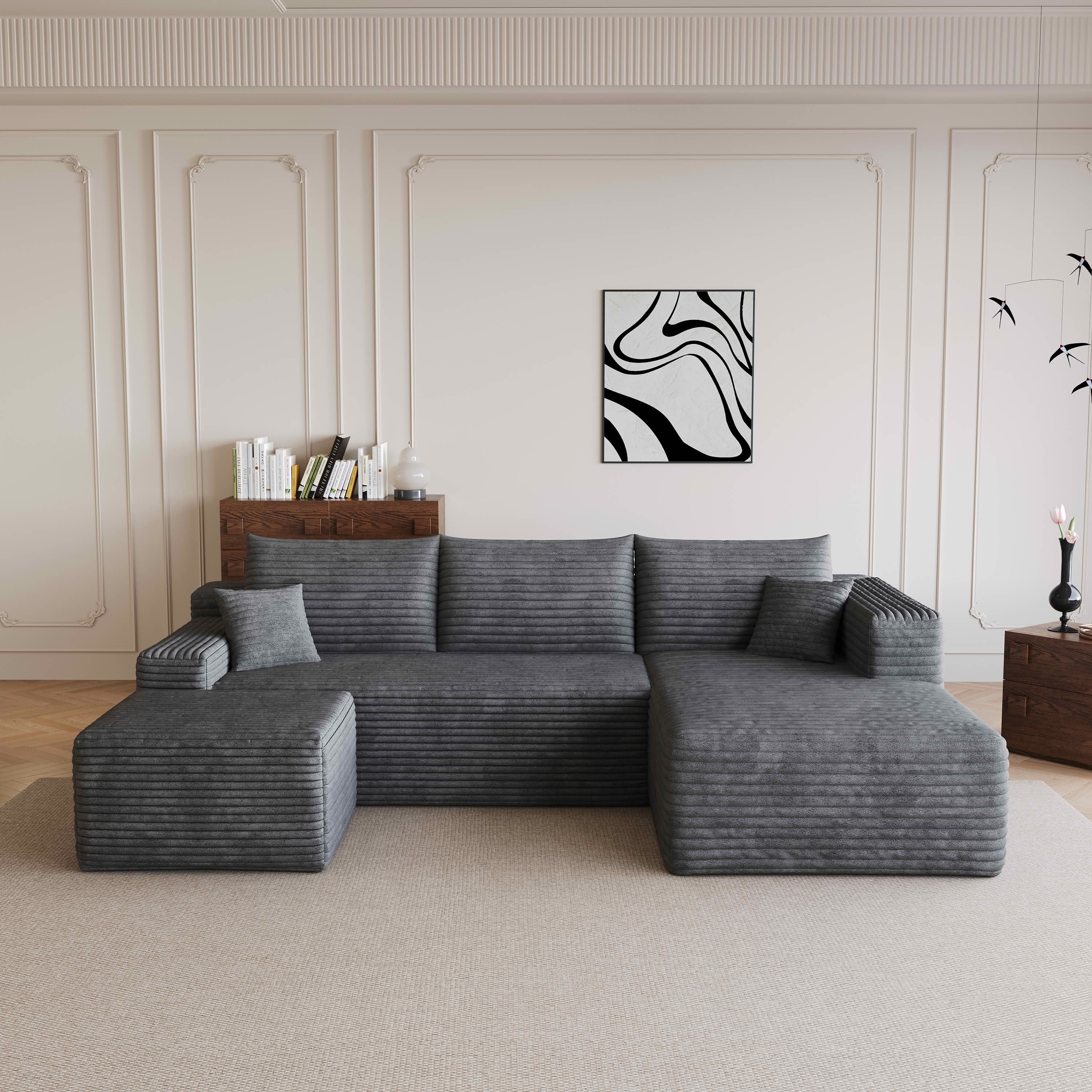 MAYEERTY 95" Cloud Sectional Sofa with Ottoman, U-Shaped Corduroy Deep Seat Couch, No Assembly for Living Room, Dark Gray
