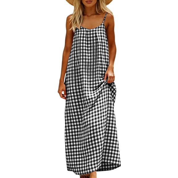 Iyufng Dresses for Women Summer Spaghetti Strap Fashion Sleeveless Backless Casual Plaid Length