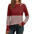 thumbnail image 2 of Uootdi Women's Burgundy Long - Sleeve Top, White Stripe Panel & Shoulder Button Detail, Crewneck Casual Shirt, Trendy Fashion Blouse Wine Women Top, 2 of 6