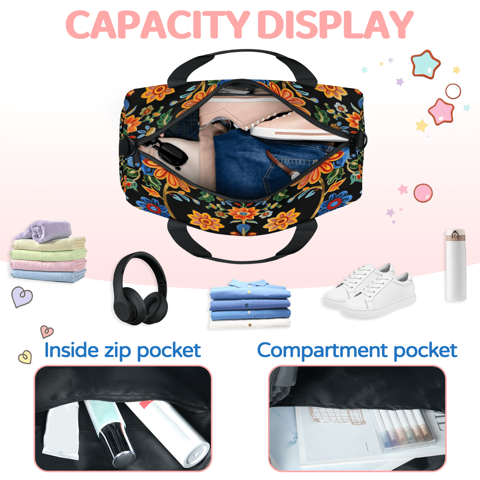 Herdesigns Mexico Floral Gym Bag for Women, Duffle Bag for Travel Sport, Lightweight Waterproof Carry on Weekender Overnight Dance Yoga Workout Bags