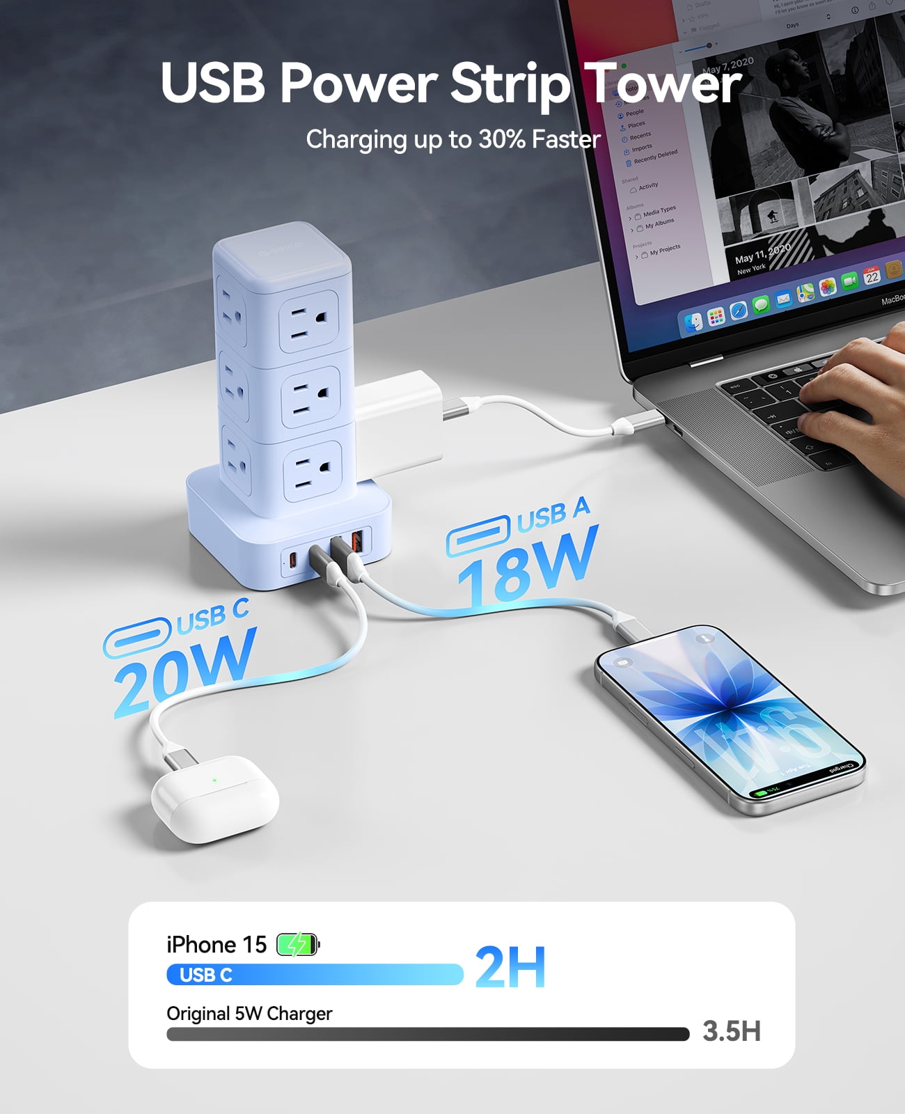 ORICO Power Strip Tower with Multiple Outlets, Tower Extension Cord with 12 AC Outlets 4 USB Ports (2 USB C), Space Saving Design, 5FT Cord Power Tower for Home, Office, Dorm - TPP20 (Blue)