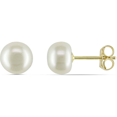 Miabella 6-6.5mm White Button Cultured Freshwater Pearl 14kt Yellow Gold Round Stud Earrings