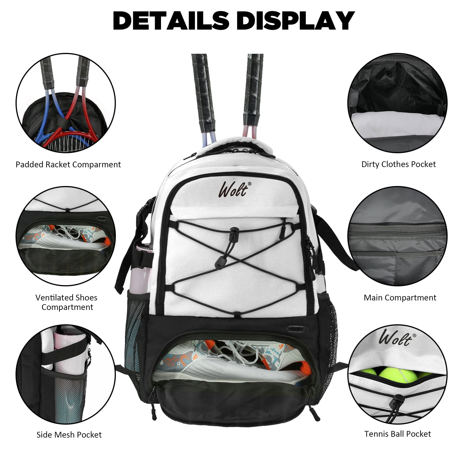 WOLT | Professional Tennis Backpack for Men & Women - 2 Racket Holder with Ventilated Shoe Compartment, Beige 34L Sports Bag​