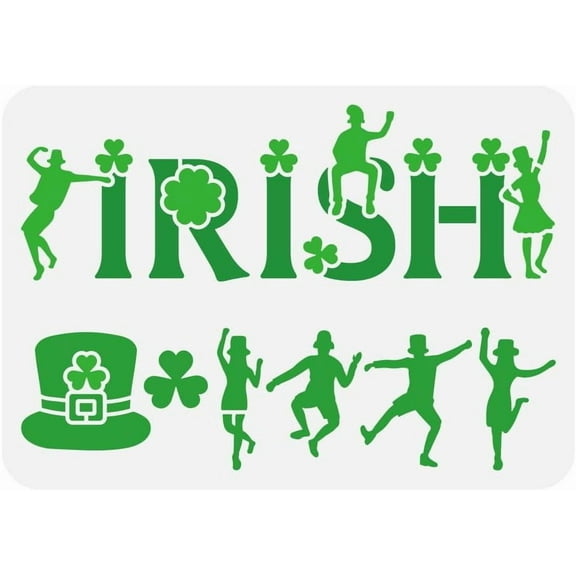 Irish Painting Stencil 8.3x11.7inch Plastic PET Words Irish Stencil Reusable Four Leaf Clover Drawing Template Character Hat Stencil St. Patrick Day Theme Template for DIY Crafts Mixed Color