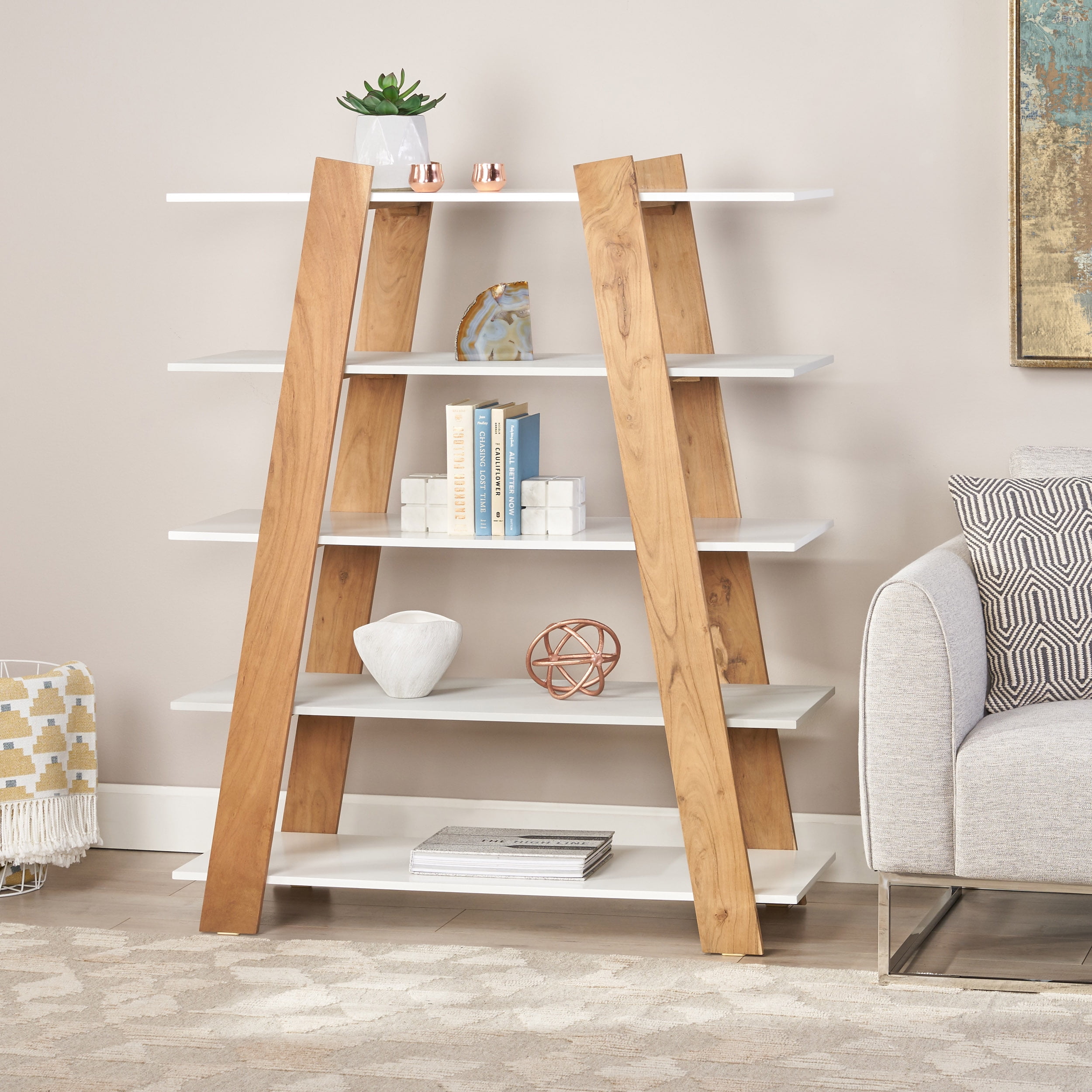 Gwen Handcrafted Modern Acacia Wood Bookshelf, Natural, Gray, White ...