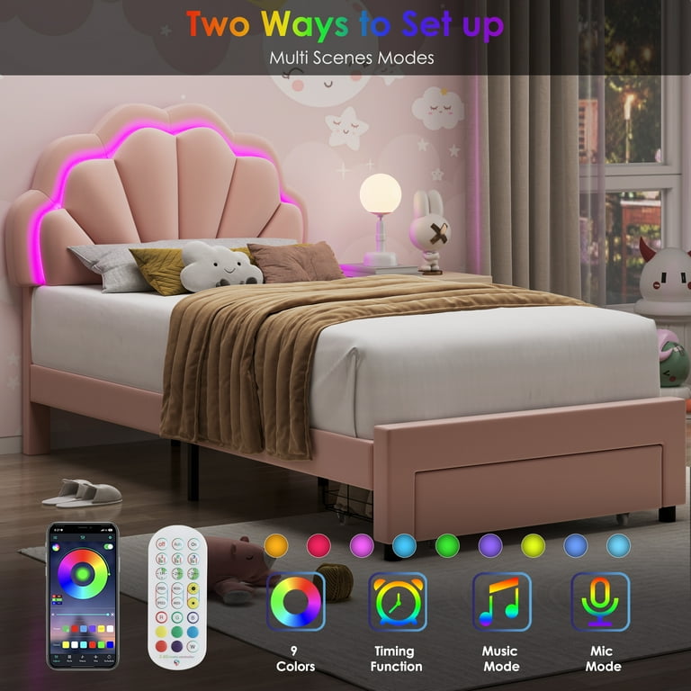 Homfa Twin Size LED Bed Frame with Drawer, Velvet Upholstered Platform Bed with Adjustable Petal Headboard for Kid, Pink Homfa Twin Size LED Bed Frame with Drawer, Velvet Upholstered Platform Bed with Adjustable Petal Headboard for Kid, Pink