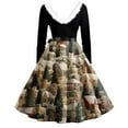 thumbnail image 3 of Women's Fashion Round Neck Casual Slim Christmas Printed Long Sleeve Dresses, V-Neck, Plush Christmas Tree Print, Audrey Dress, Retro Style, Party Wear,Army Green,S, 3 of 5