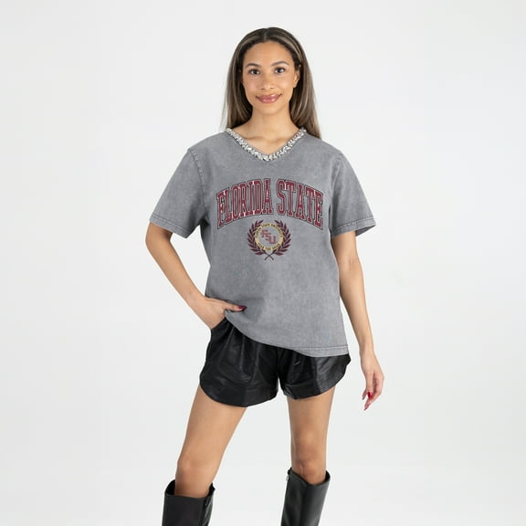 Women's Gameday Couture Gray Florida State Seminoles Iconic Edge Rhinestone V-Neck T-Shirt