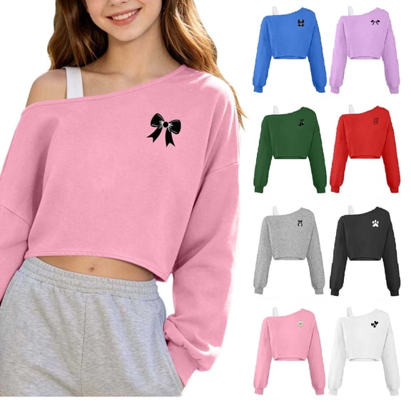 Dzrciro Kids Girls off the Shoulder Sweatshirt, Long Sleeve Cute Printed Asymmetrical Crop Tops, Lightweight Fashion Pullover Sweatshirts 5-15 Years
