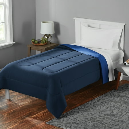 Mainstays Solid Brushed Microfiber Reversible Comforter, Navy/Blue, Twin/Twin