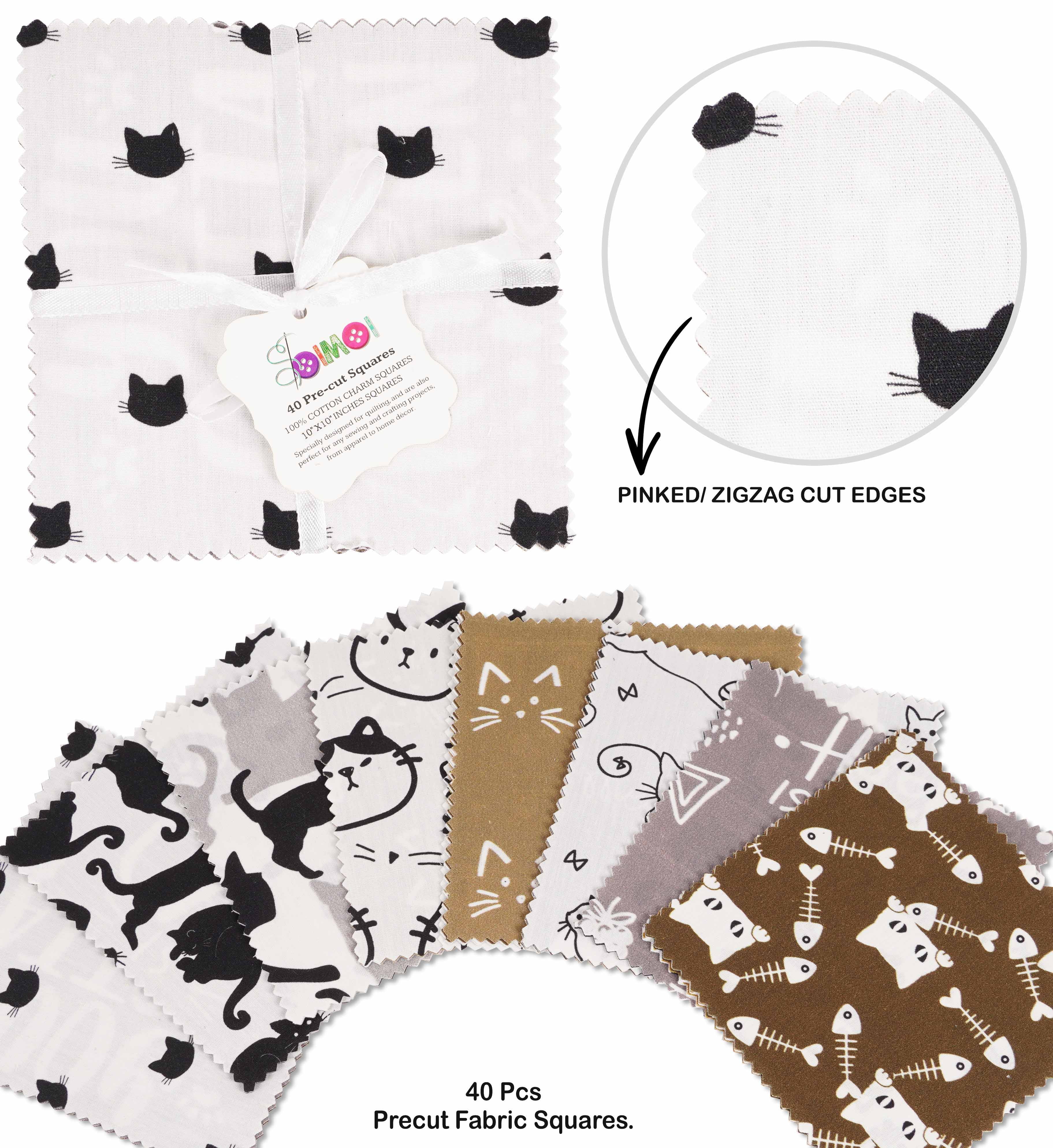 Soimoi Precut 10-inch Cat Prints Cotton Fabric Bundle Quilting Squares Charm Pack DIY Patchwork Sewing Craft- Brown, Grey, Black & White