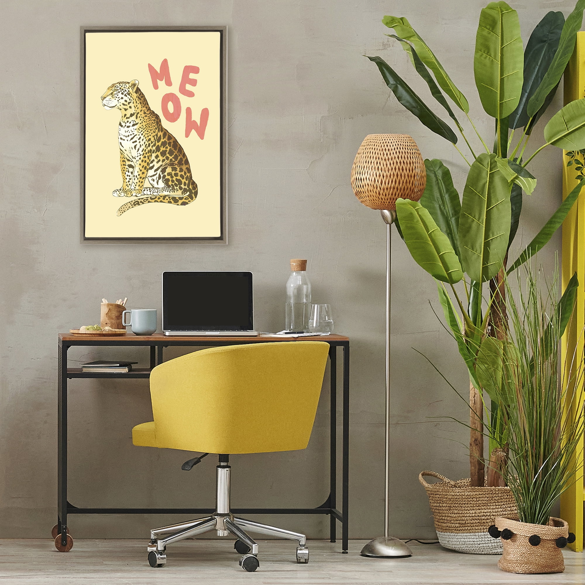 Stupell Industries Meow Leopard on Yellow Brown Framed Floater Canvas Wall Art, design by Florentina Dolci