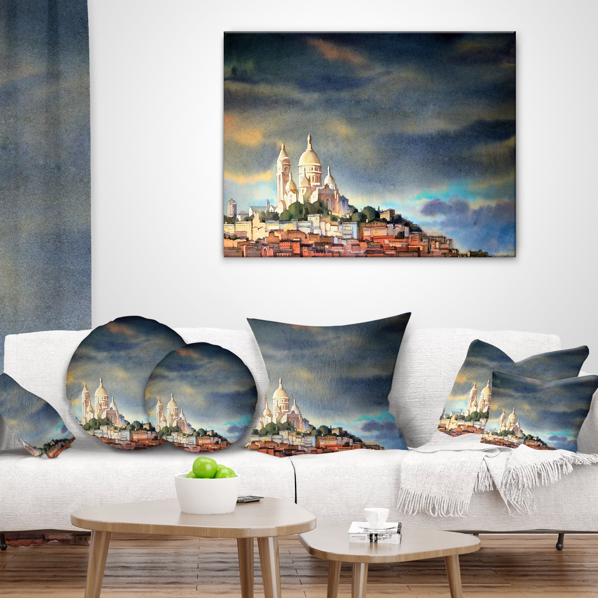 Designart Montmartre Skyline - Watercolor Painting Throw Pillow - 16x16