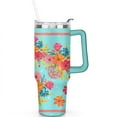 thumbnail image 2 of 40oz Pioneer Colorful Floral Stainless Steel Flip Straw Tumbler with Lid and Straw Spill Proof Travel Cup Double Wall Vacuum Insulated Coffee Mug with Handle Greenish-blue, 2 of 7