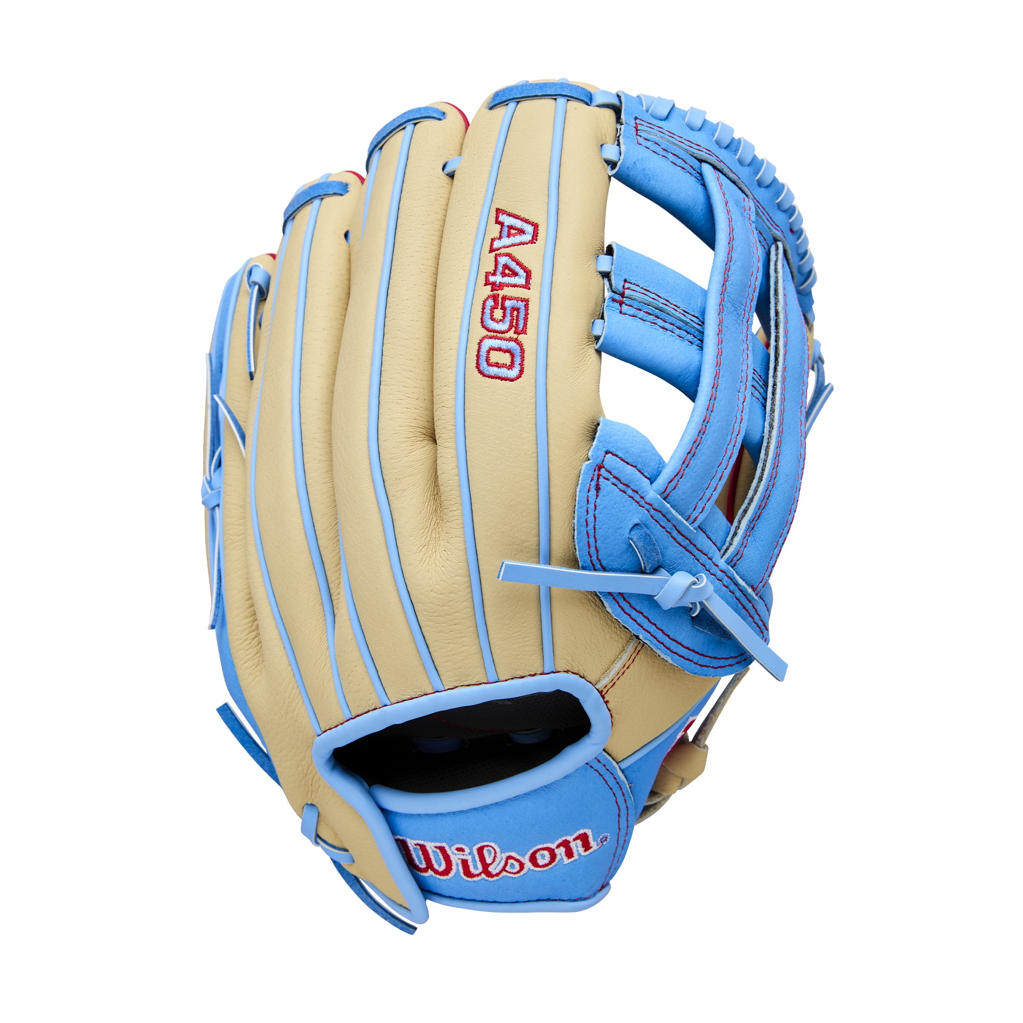 Wilson 2026 A450® 12" Youth Baseball Glove - Blonde/Sky Blue/Red, Right Hand Throw