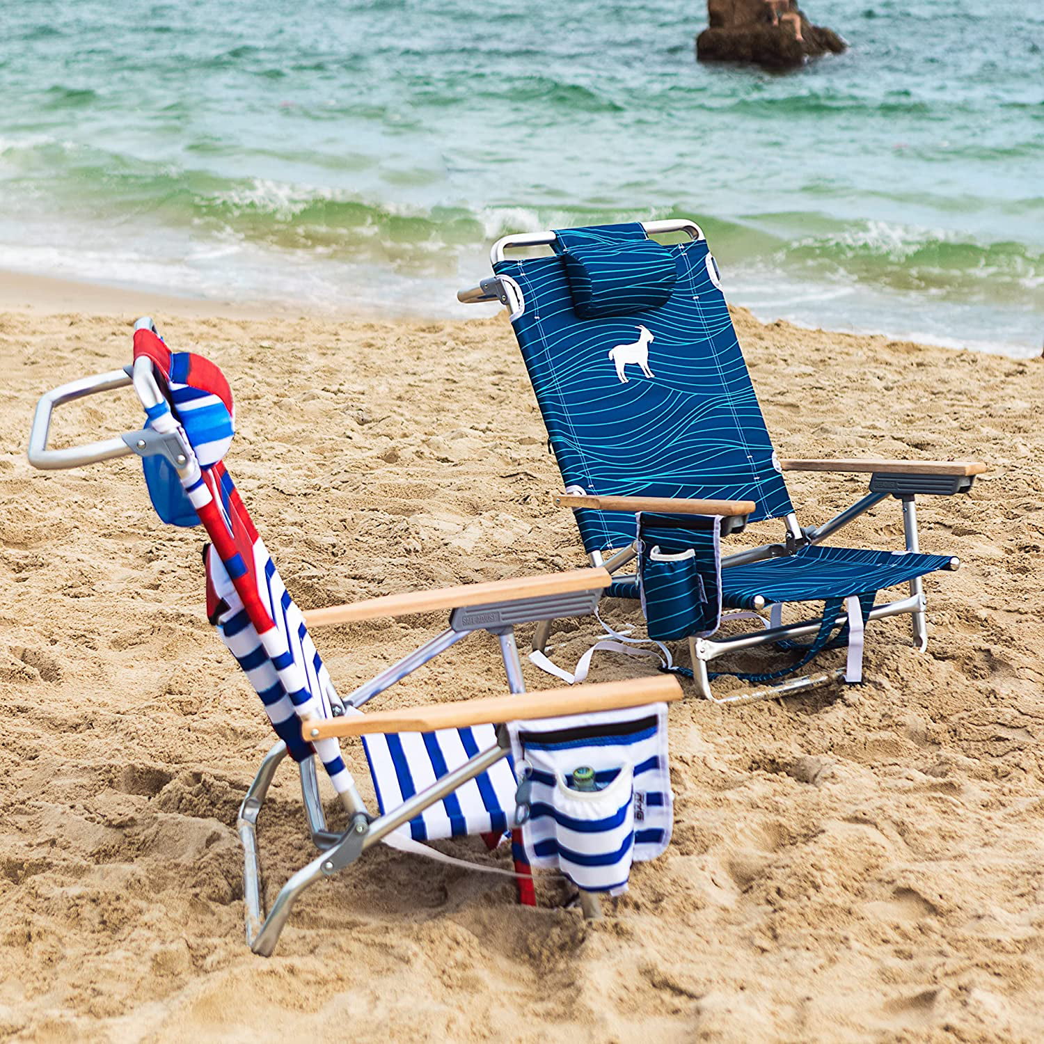 WGOS Beach Chair, Backpack Folding Chair With High Back Cooler Bag,  5-Position Reclining With Headrest, Armrest, Large Storage Pouch And Cup  Holder (1 ライト、ランタン