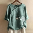 thumbnail image 3 of Scyoekwg Summer Tops for Women Trendy Cotton Linen Short Sleeve T Shirts Casual Round Neck Button Dandelion Print Graphic Shirts Loose Fit Blouses Tunic (#D=Green,S), 3 of 6