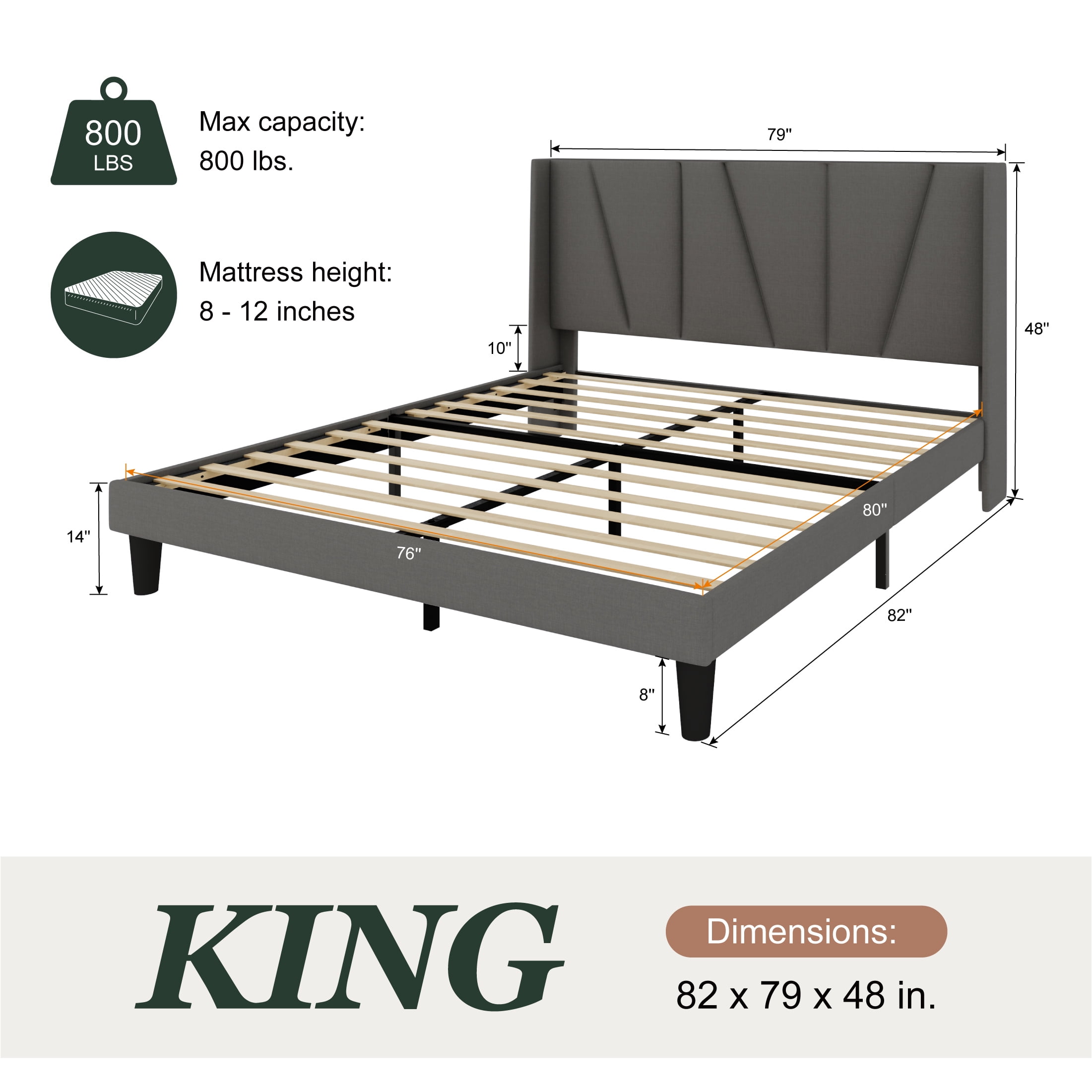 Amolife King Bed Frame, Upholstered Platform Bed with Wingback and Geometric Headboard, Dark Gray