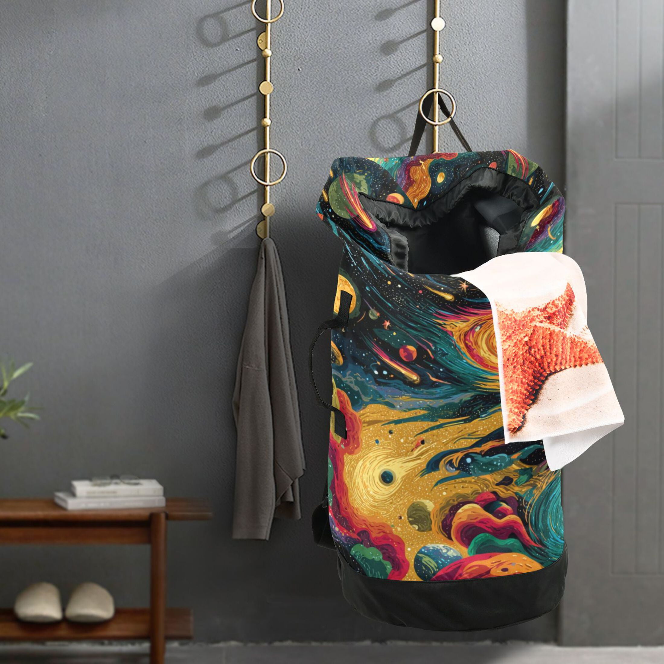 14.5x29.3in Laundry Backpack Bag with Drawstring & Adjustable Straps Heavy-Duty Wash Bag for Travel Storage Camping Swirling Galaxy