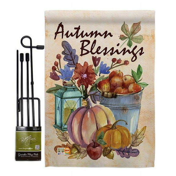 Breeze Decor BD-HA-GS-113006-IP-BO-D-US15-BD 13 x 18.5 in. Autumn Blessings Fall Harvest & Vertical Double Sided Mini Garden Flag Set with Banner Pole