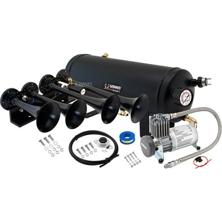 Vixen Horns Loud 149dB 3/Triple Black Trumpet Train Air Horn with 1.5 Gallon Tank and 150 PSI Compressor Full/Complete Onboard System/Kit