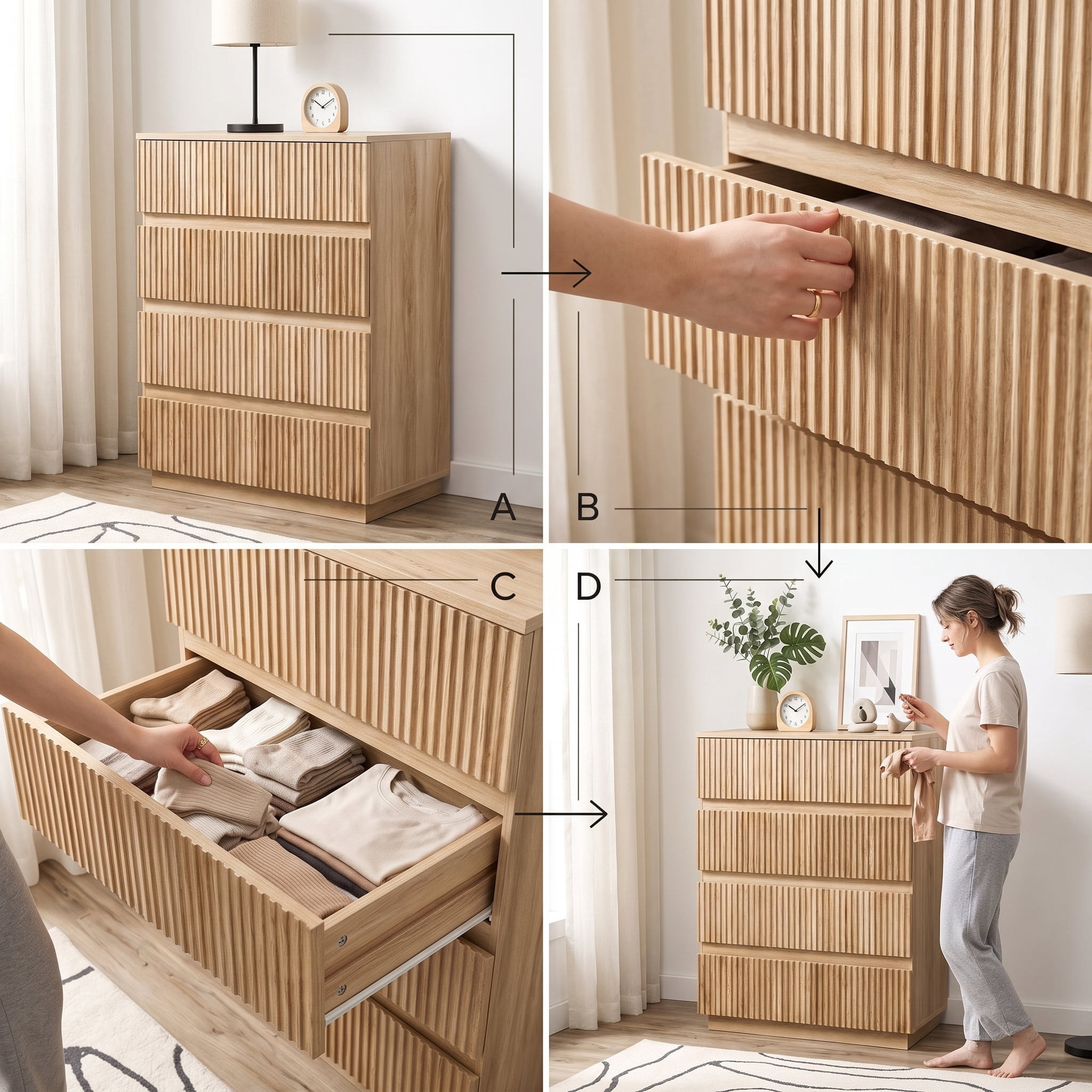 Handleless Grille-Finished 4-Drawer Bedside Table, P2 Particleboard + MDF & ,elamine Veneer + Thermoformed Drawer Dresser 23.62*14.96*30.71in Oak