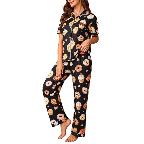 Bibifish Womens Halloween Pajama Set Fall Loose Fit Short Sleeve Top Long Pants 2 Piece Outfit Holiday Nightwear