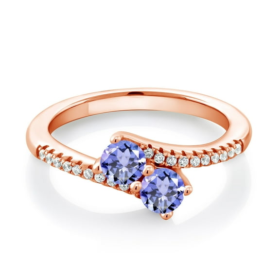 Gem Stone King 18K Rose Gold Plated Silver Blue Tanzanite Bypass Ring for Women (0.84 Cttw, Gemstone December Birthstone, Round 4MM, Size 6)