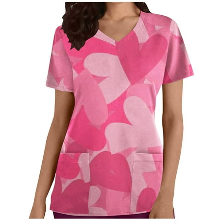 

YWDJ Valentine s Day Scrub Tops for Women Graphic Tees Hearts Print with V Neck Short Sleeve Pink XL