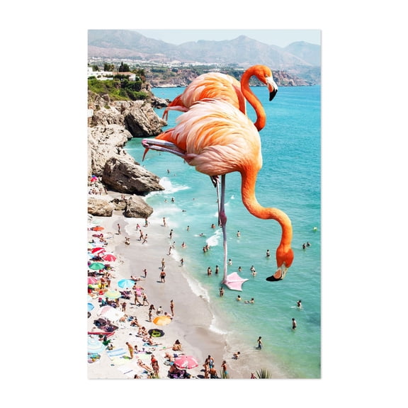 Flamingos On The Beach - Digital Art Surrealism Flamingo Beach Humor Whimsical Coastal Tropical Unframed Wall Art Print 4 x 6 inches