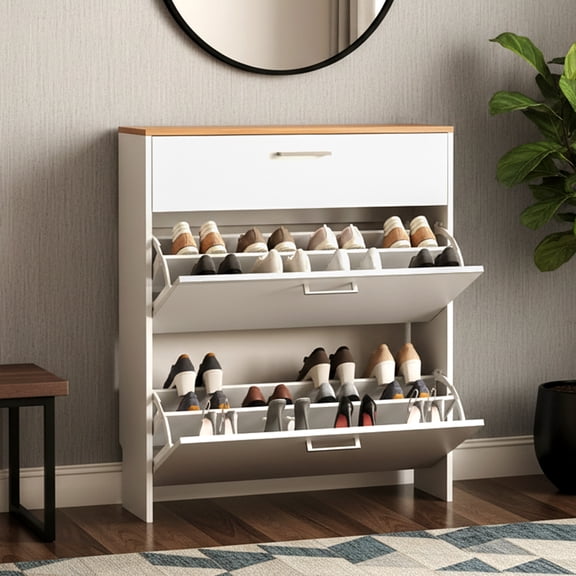 Ktaxon 31.5'' W, Modern Shoe Storage Cabinet with 2 Flip Drawers for Entryway 24 Pairs,White & Oak