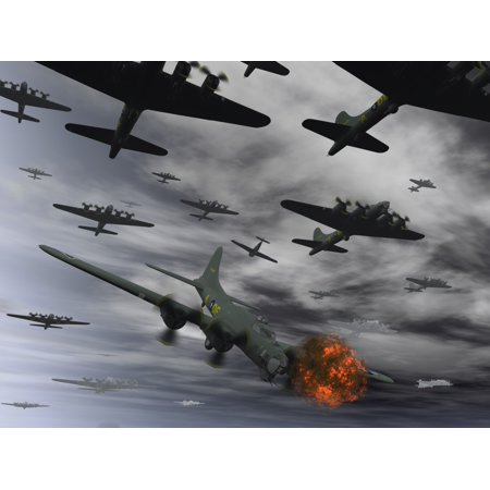 An American B-17 Flying Fortress is set ablaze by a German Interceptor Fighter Plane Hopefully its crew will have time to bail out before the bomber either explodes or crashes Poster