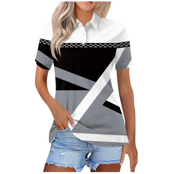 Blusas para las Mujeres Impresión Casual Manga Corta Turndown Collar Botón Superior, Tops Cortos para las Mujeres