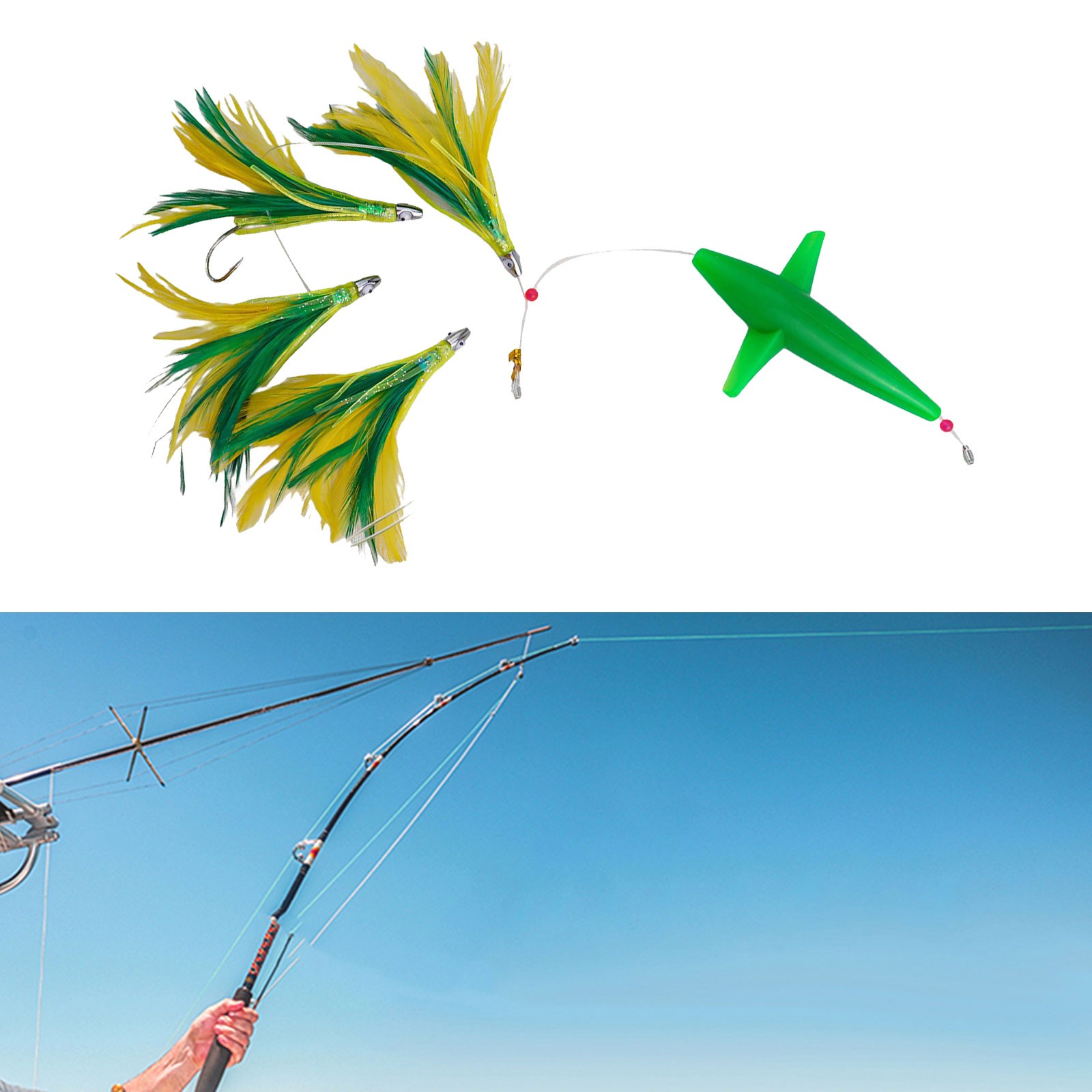 YAAQII for Feather Trolling Skirt Tuna Lure Big Game Fishing Bait Rigged with Steel Hook Dark Green Blue Plastic Offshore Saltwater Trolling Lures Bird Teaser