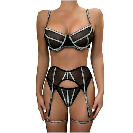 

Womens Lingerie Sets Clearance Bib Pants Coverall Lingerie Set Front Closure Bras for Women Silver M