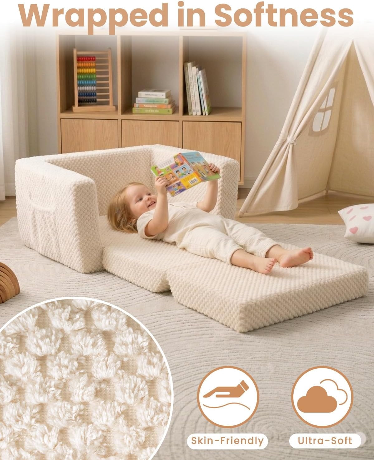 Beavtaens Foldable Toddler Couch with Soft Sherpa Cover, 2-in-1 Comfy Toddler Sofa & Lounger for 1-3 Years Old Girls Boys, Kids Chair with Pockets & Handle for Reading, Playroom, Beige