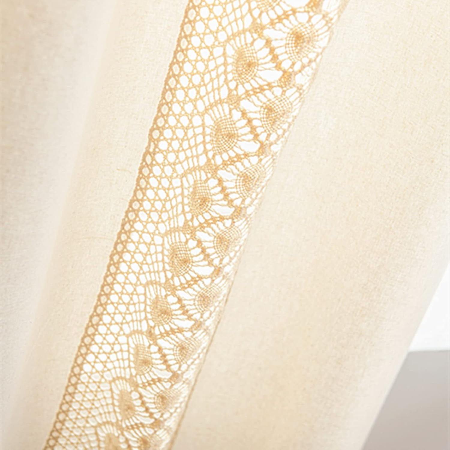 Vireellx Boho Curtains for Bedroom, Cream Hollow Crochet Stripes and Florals Print Cotton Linen Fabric Patchwork, Bohemian Beige Tassel Semi-Blackout Window Panel Farmhouse Drape