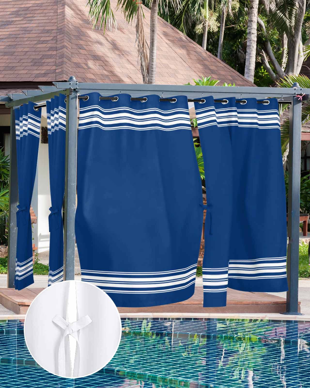 Outdoor Curtains for Patio, Blue Striped Waterproof Blackout Outside Curtain for Porch/Pergola/Gazebo, Farmhouse Blue White Stripes Thermal Insulated Drapes for Cabana, 2 Panels, 54 x 84 Inch