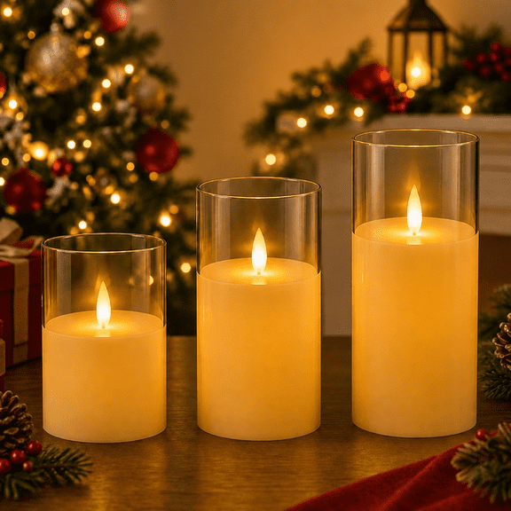 DAYBETTER Flameless LED Candles Set of 3, Moving Wick Flickering Battery Operated Pillar Candles, Warm White Decorative Candles for Home, Wedding, Holiday Décor