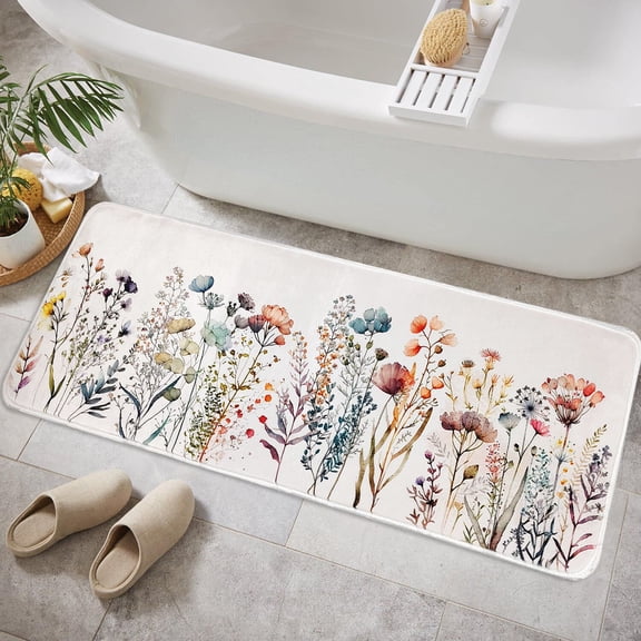 Sage Green Floral Bathroom Rug 47 * 16inch Long Plant Bath Mat for Shower Non Slip Absorbent Cute Leaf Bath Rugs (Yellow Flower)