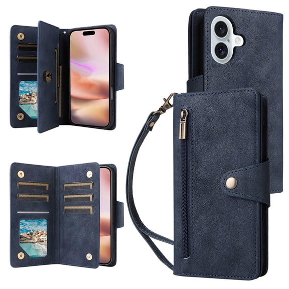 for iPhone 16 Wallet Case with Card Slots & Zipper Pocket, PU Leather TPU Full Body Protective Phone Case with Kickstand Magnetic Clasp Wrist Strap Shockproof Rugged Cover, Blue