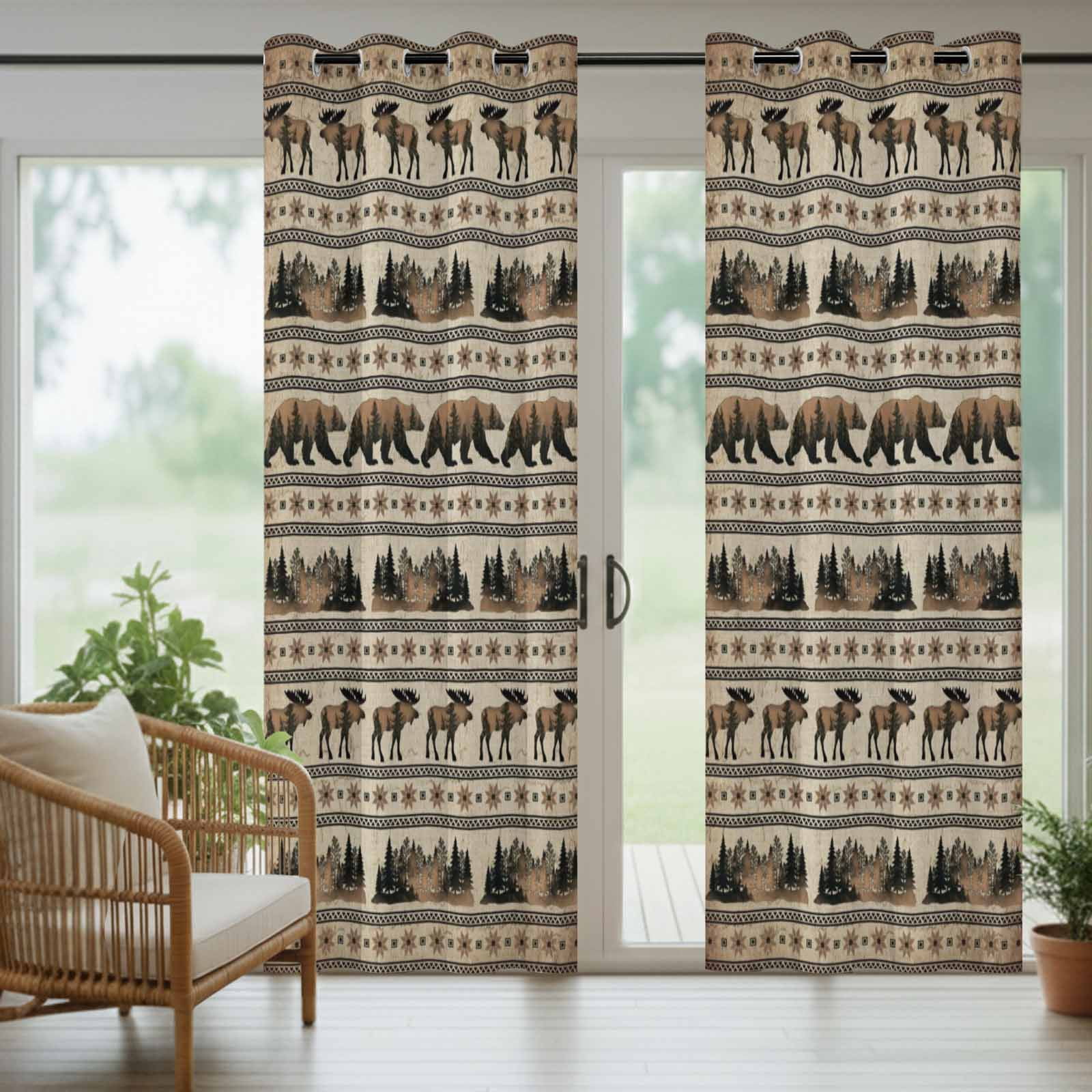 Bear Moose Outdoor Curtains for Patio, Country Vintage Bronze Forest Pine Tree Abstract Stripe Plaid Sunshade Privacy Drapes Grommet Waterproof Outside Curtains for Porch Balcony 54"x108", 1 Panel