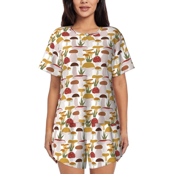 Fotbe Mushroom Conjunto de Pijama Estampado para Mujer, 2 Piezas, Ropa de Dormir con Camiseta de Manga Corta y Shorts Suaves-Small