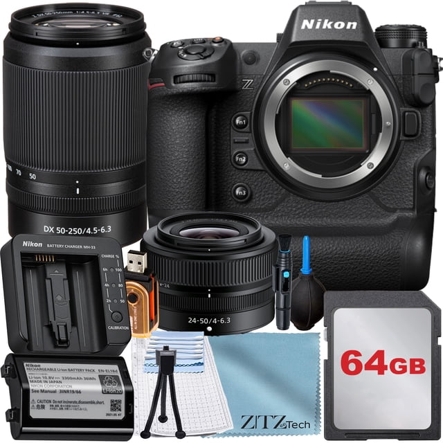 Nikon Z9 Mirrorless Camera with NIKKOR Z 24-50mm + DX 50-250mm Lens + 64GB Memory Card + Cleaning Kit + ZeeTech Accessory Bundle