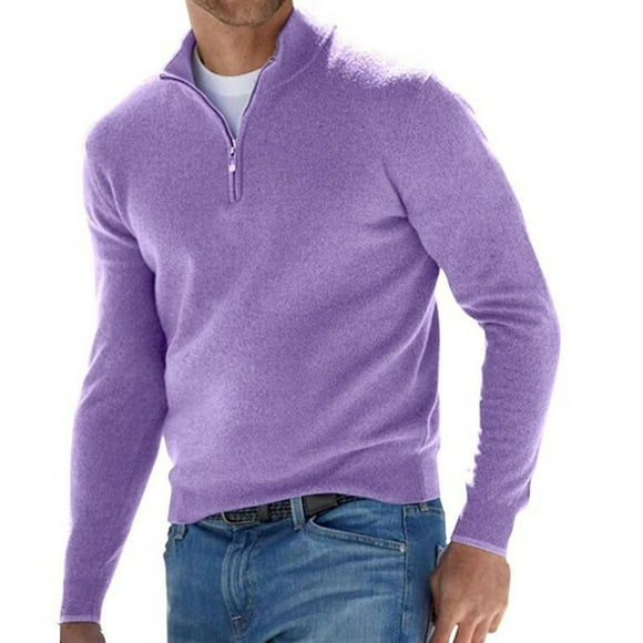 DondPO Mens Shirts Men'S T-Shirts Men's Autumn And Winter Long Sleeved V Neck Fleece Zipper Casual Solid Color Top Long Sleeve Shirts for Men Polo Shirts Purple 2 L