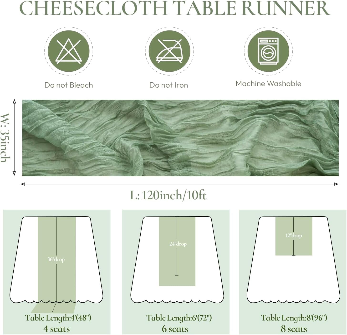 HBlife 10 Pack Sage Green Cheesecloth  Gauze Table Runner, 35 x 120 Inch Boho, Rustic, Romantic for Wedding Party Bridal Birthday Baby Shower